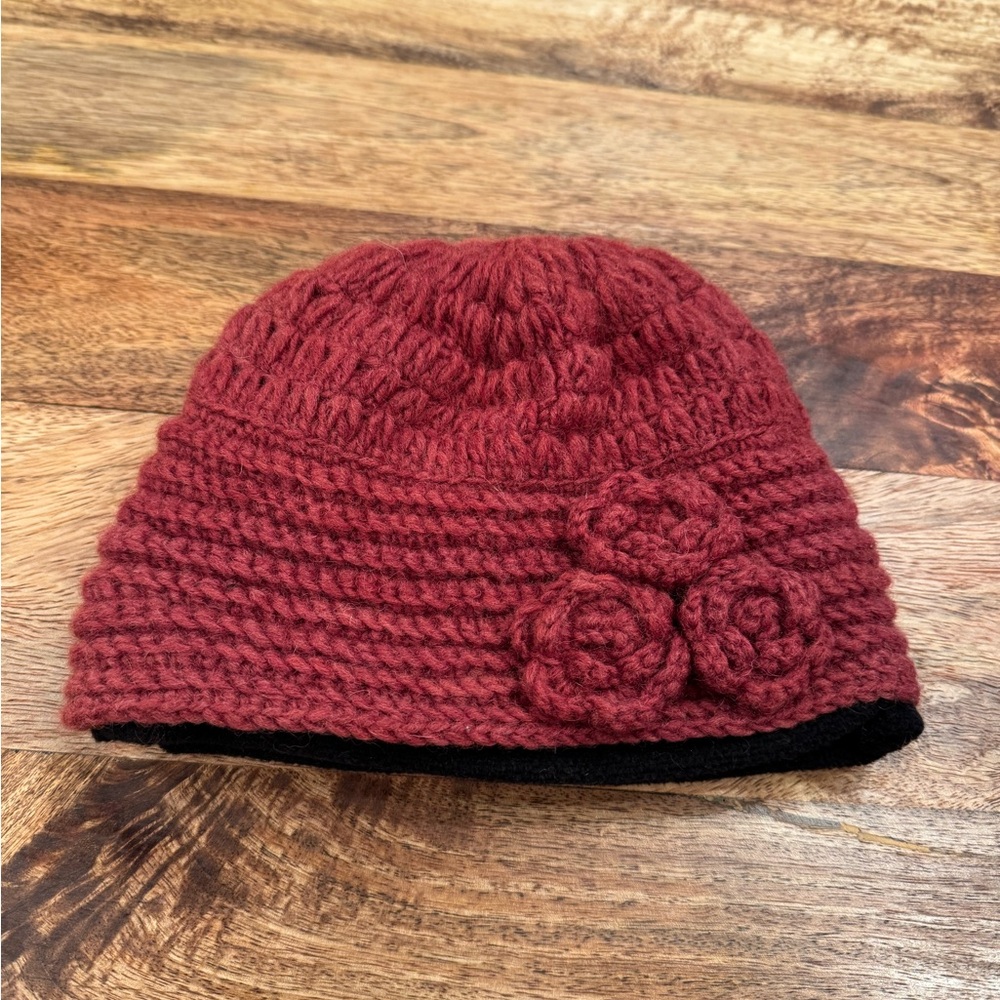 Prana Maroon Knit Beanie with Floral Design